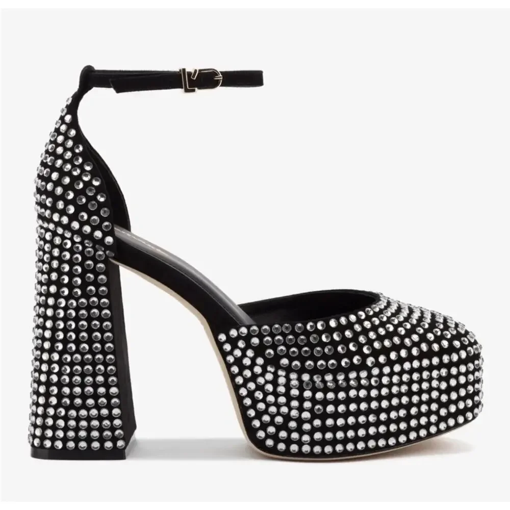 Larroude Ari Rhinestone Studded Platform Block Heels size 9 Glam Sparkle